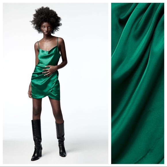 🌹NWT. Zara Satin Effect Green Ruched Mini Dress. Size S - Picture 1 of 13